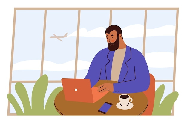 Uomo nella caffetteria libero professionista che lavora al computer portatile lounge di classe business all'aeroporto passeggero di prima classe business lavora al tavolo con caffè stile piatto nell'illustrazione vettoriale