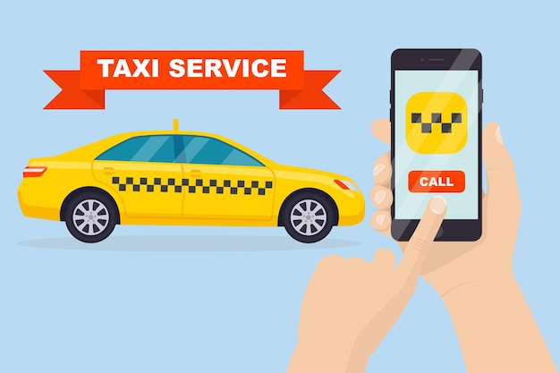 L'uomo chiama un'auto taxi tramite smartphone. app mobile per servizio di prenotazione automatica. ordina un taxi giallo per telefono