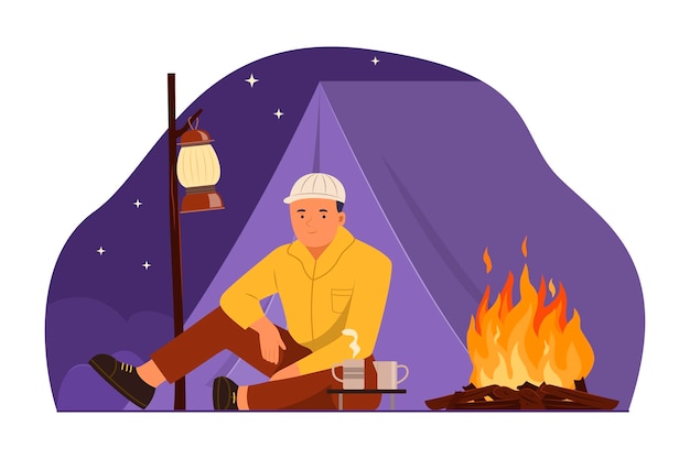 ベクトル 夜間に一人でキャンプし、キャンプテントの前に座る男性