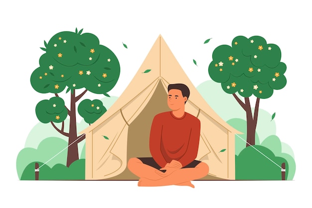 Man Camping in Park and Enjoy Outdoor Living Lifestyle