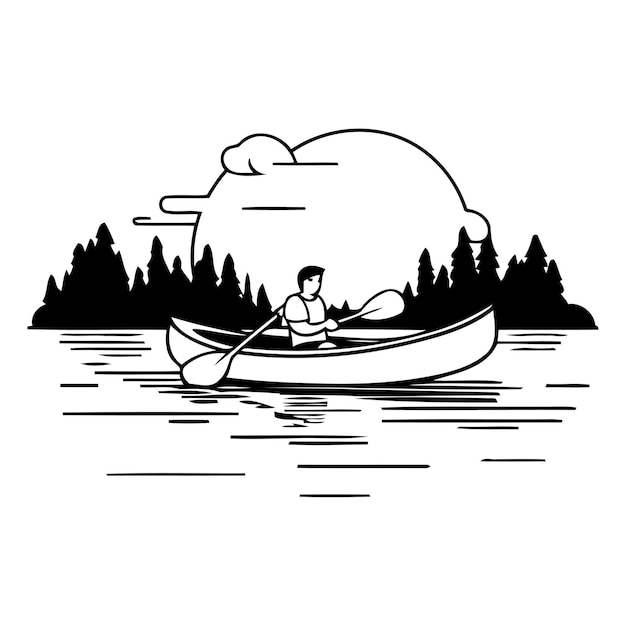 Man in a canoe on the lake Vector illustration in flat style