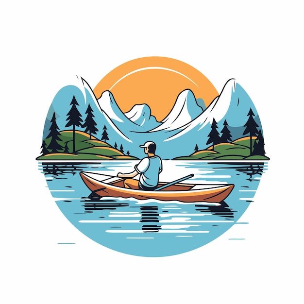 Vector man in a canoe paddling on the lake vector illustration