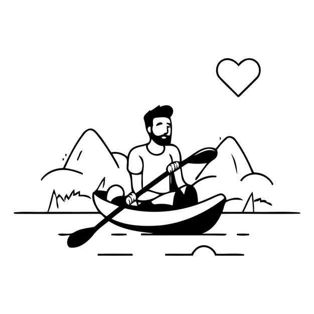 Man in a canoe on the river Flat style vector illustration