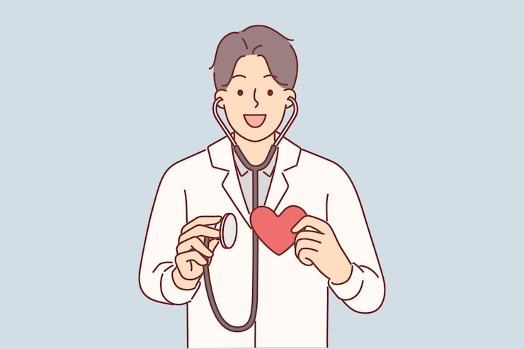 잠재적인 건강 문제를 찾기 위해 검사를 받기 위해 청진기와 심장을 가진 남자 심장외과 의사