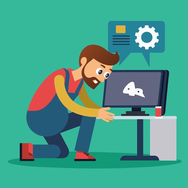a man carefully examines a computer screen displaying an error message he appears focused on resolving the issue repairman fixes computer error page not found flat illustration