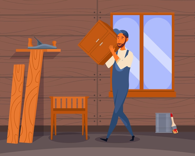 Vector a man carries a box in a wooden room