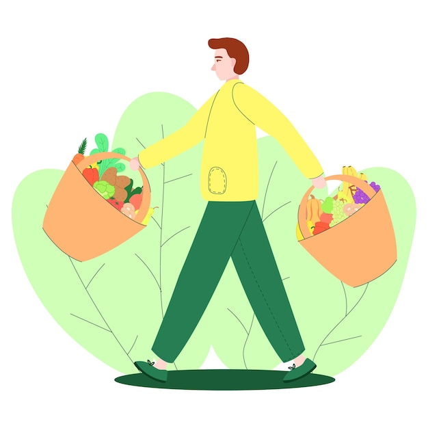 man carries paper bags with food, vegetables, healthy food