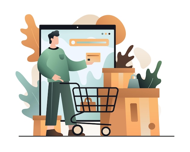 Man carry cart with products card and paying with credit card for purchases online electronic commerce and digital environment vector flat illustration in orange and blue colors