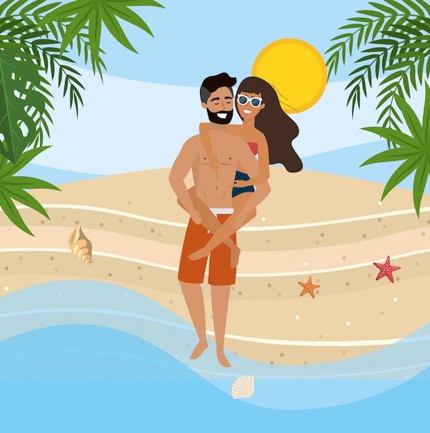 Vector man carrying in the back a woman with swimsuit and sunglasses