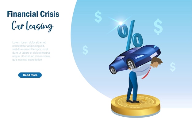 Man carrying car and percentage sign interest on back Financial crisis cost of living high interest payment and debt consolidation