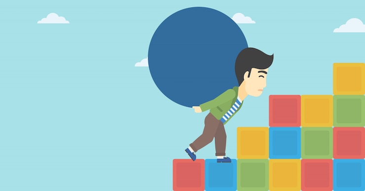 Vector man carrying concrete ball uphill.