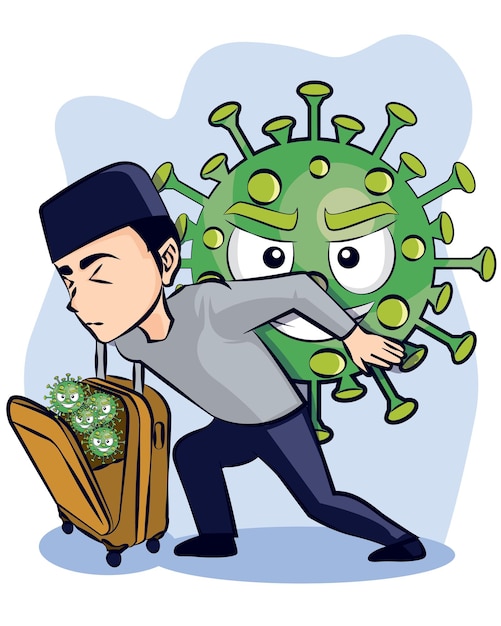 Un uomo che porta il virus della corona mentre va nella città natale, sfondo blu, illustrazione vettoriale. 