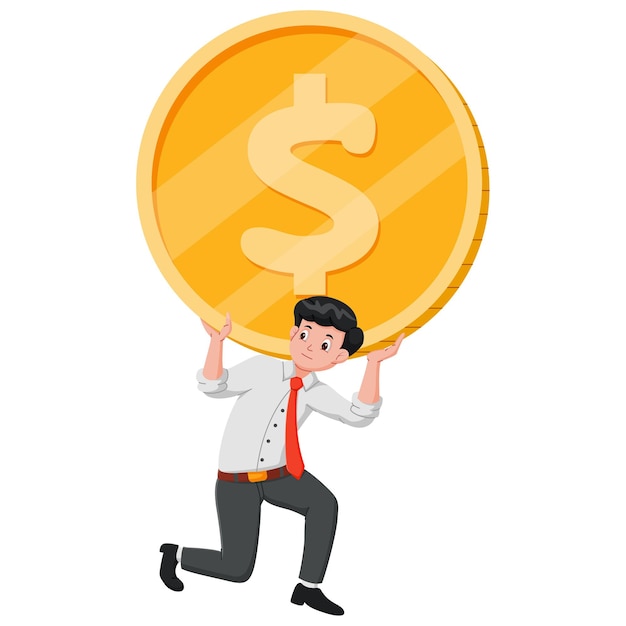 Man carrying golden coin with dollar sign on back Vector illustration