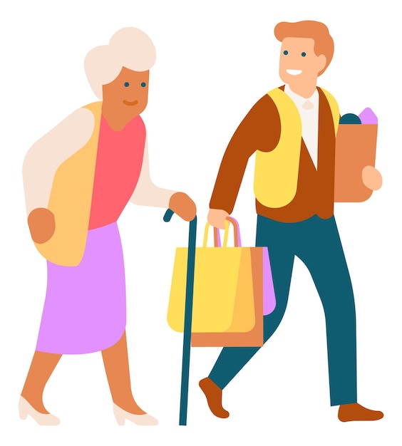 Man carrying grocery bags for old woman. Guy helping senior isolated on white background