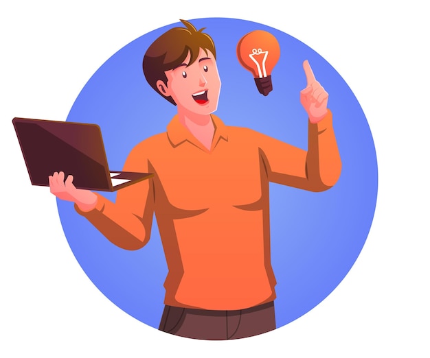 a man carrying a laptop and thinking with a lightbulb