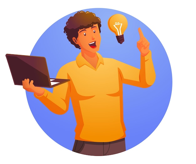 a man carrying a laptop and thinking with a lightbulb