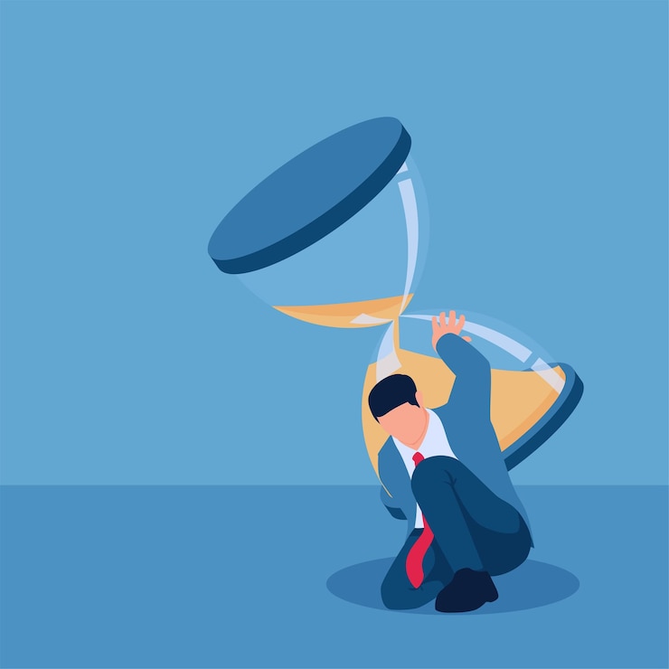 वेक्टर man carrying a large hourglass a metaphor for time pressure simple flat conceptual illustration