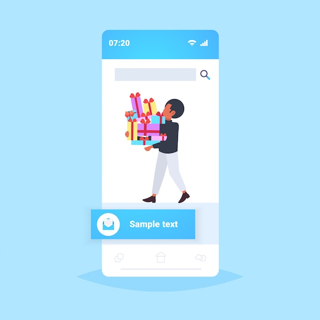 man carrying stack of wrapped gift boxes big seasonal sale shopping concept guy holding colorful presents smartphone screen mobile application  full length