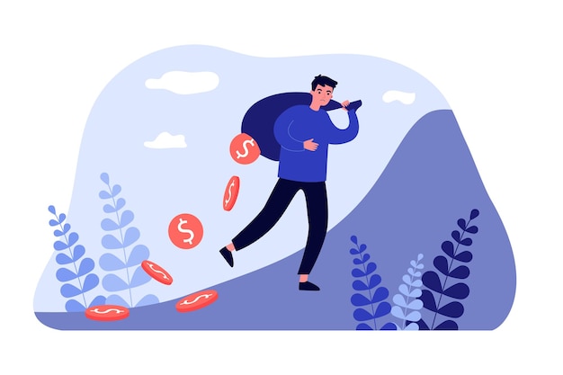 Man carrying torn bag with hole and leaking coins. Leakage and money loss of male character flat vector illustration. Financial risk, loan concept for banner, website design or landing web page