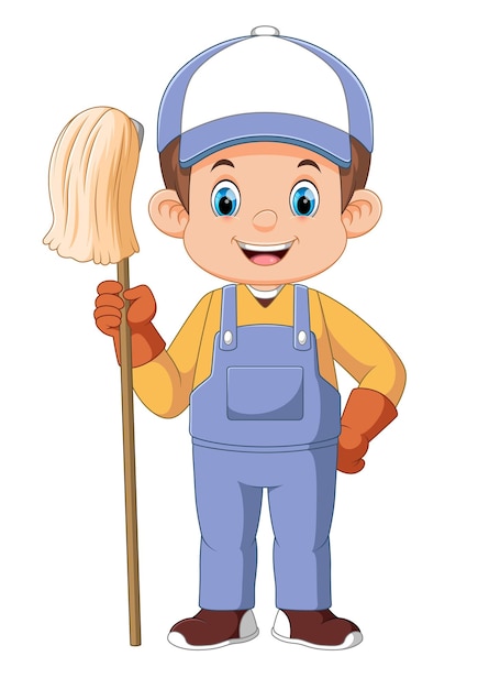 Vector a man cartoon character cleaner holding mop