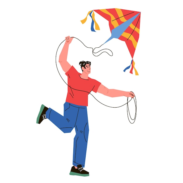 Man cartoon character flying a kite at summer landscape background