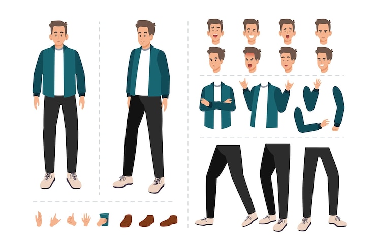 Vector man cartoon character for motion design with facial expressions hand gestures body and leg moveme