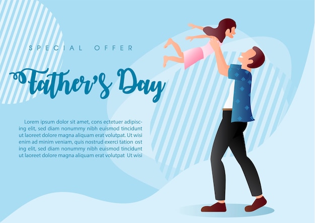 Vector man in cartoon character playing with his daughter and wording of father's day on blue background