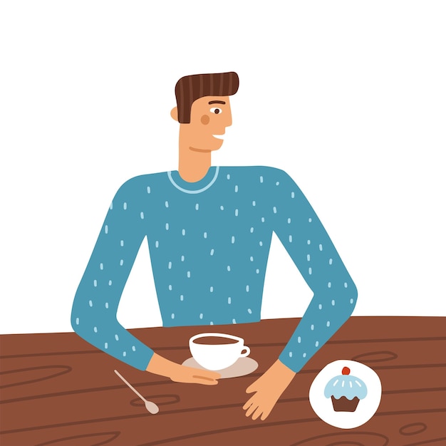 Vector man cartoon character sitting at table in restaurant and drinking coffee with cake young guy wearing...