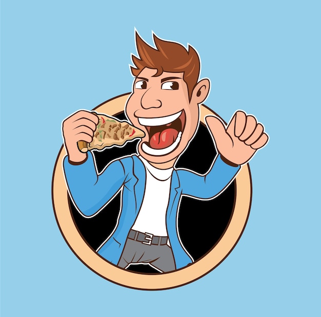 Vector man cartoon eating pepperoni pizza design illustration