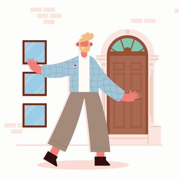 Man cartoon in front of door