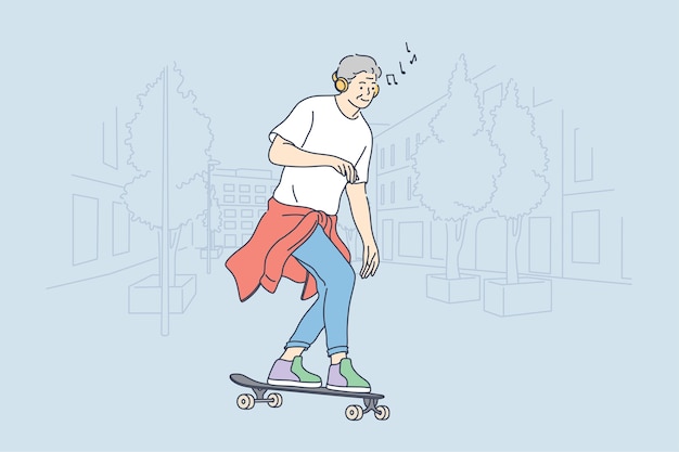 Man cartoon karakter rijden skateboard