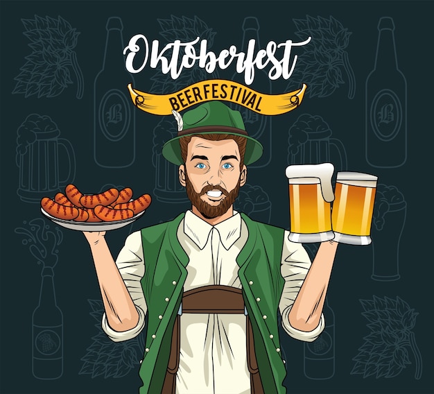 Man cartoon with traditional cloth beer glasses and sausages design, oktoberfest germany festival and celebration theme