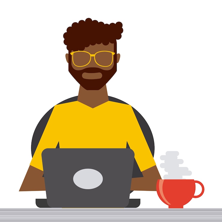 Vector man cartoon working on a computer 