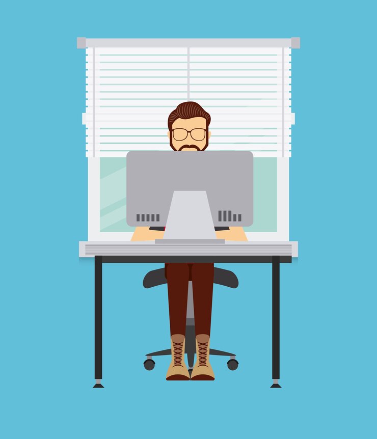 Vector man cartoon working on a computer 