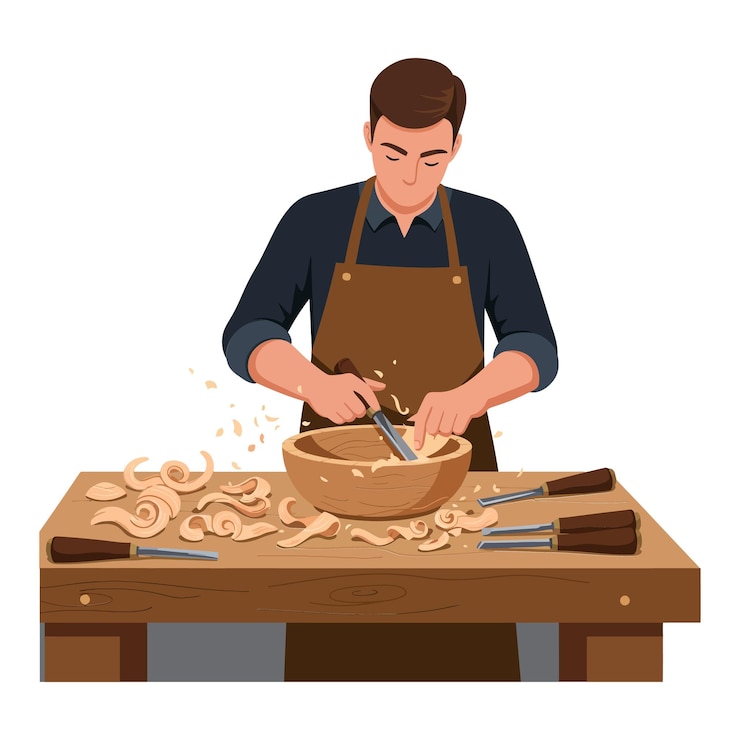 Vector man carving a wooden bowl while shavings scatter across the workbench