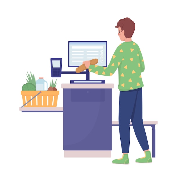 man at cashless checkout semi flat color vector character. standing figure. full body person on white. supermarket isolated modern cartoon style illustration for graphic design and animation