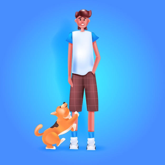 man in casual clothes walking with dog