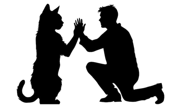 Vector man and cat give high five silhouette boy and cat meeting vector