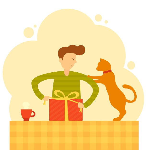 Man and cat pack a gift