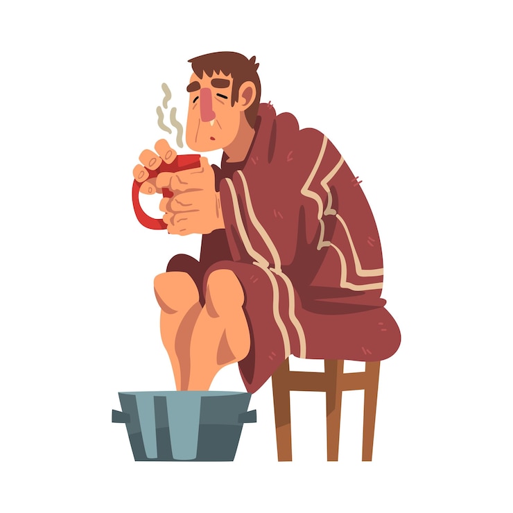 Vector man catch cold sick guy with mug in his hands heating his feet in basin with hot water cartoon vector illustration