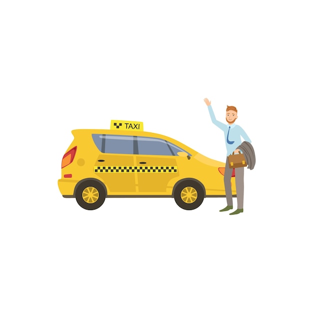 Vector man catching a yellow taxi car