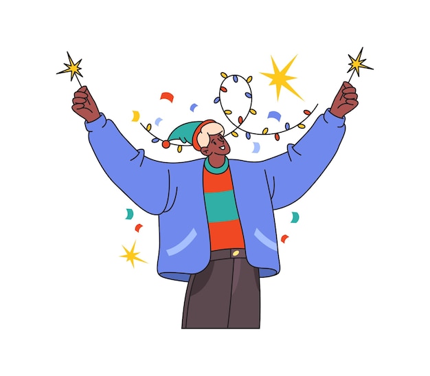 クリスマスを祝う男ベンガル ライト ガーランド フラット漫画ベクトル イラスト新年の特別オファーと割引花輪休日の挨拶を持つ人お祝いイブ ノエル