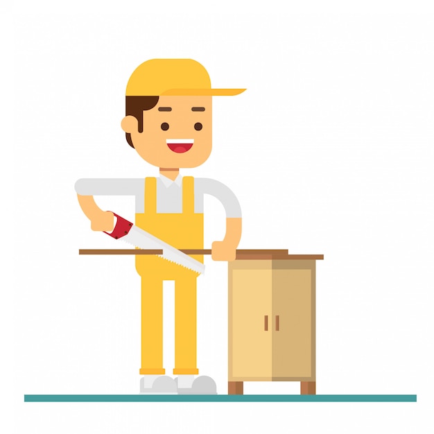 Man character avatar icon.Carpenter makes a product from a tree