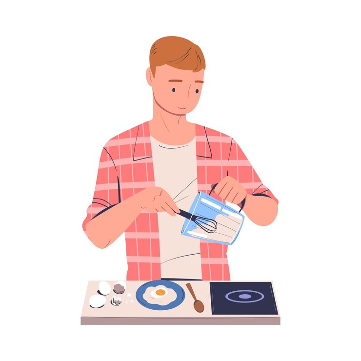 Vector man character cooking at home standing at table whisking eggs in cup vector illustration