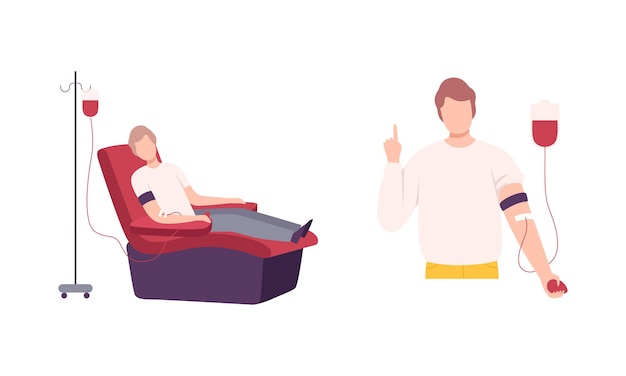 man character engaged in blood donation for transfusion vector set
