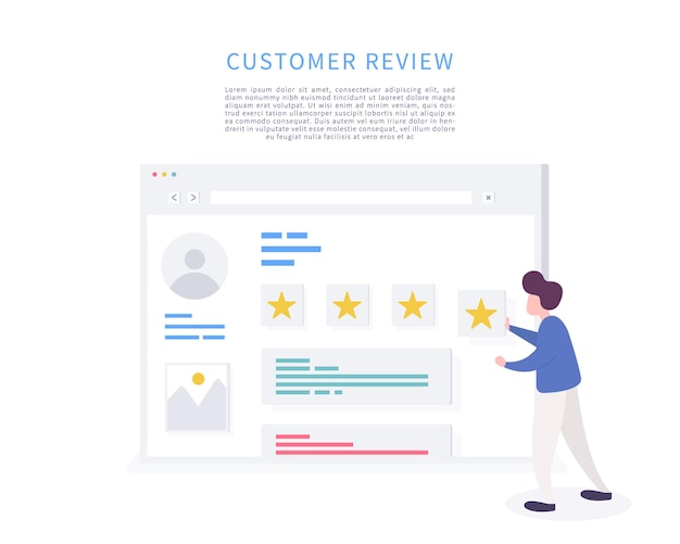 ベクトル 男性キャラクターはレビュー評価とフィードバックを与えるレビュー評価とフィードバックを与える