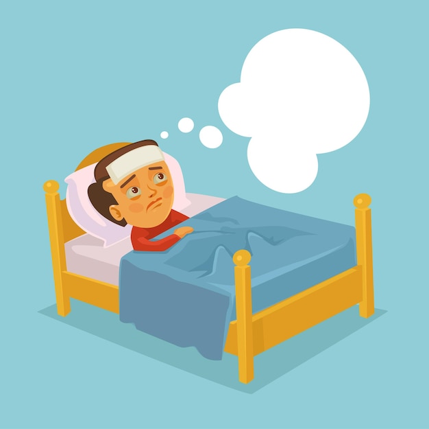 Man character having flu cold and lying in bed cartoon illustration