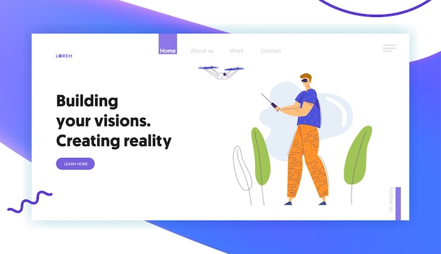 バーチャルリアリティゴーグルの男のキャラクターリモコン付きフライングドローン