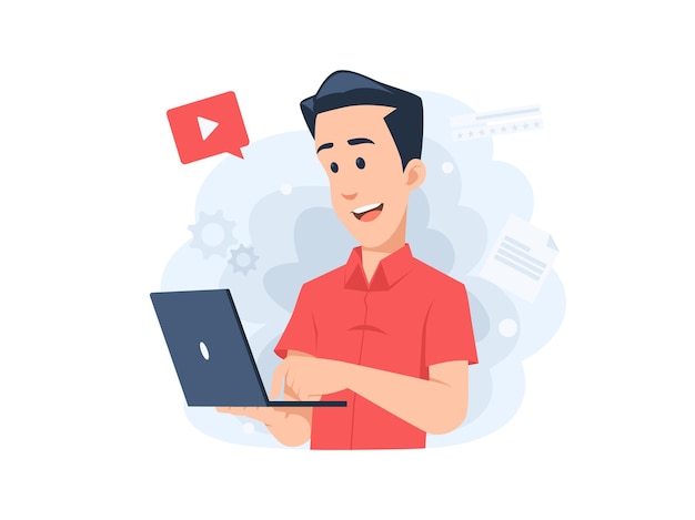 man character learning online on a laptop concept illustration in flat design