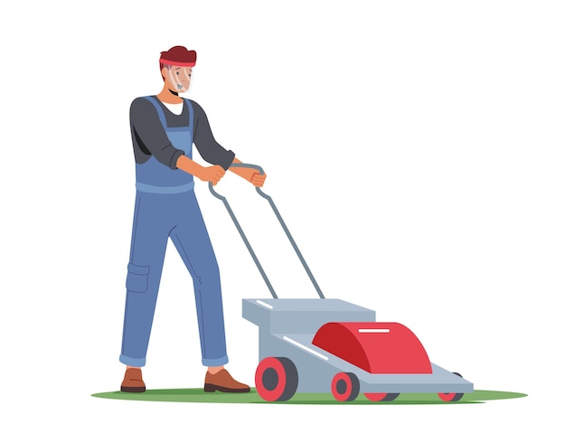 Мужской персонаж косит газон в саду или общественном городском парке садовник или рабочий толкает газонокосилку для ландшафтного дизайна двора